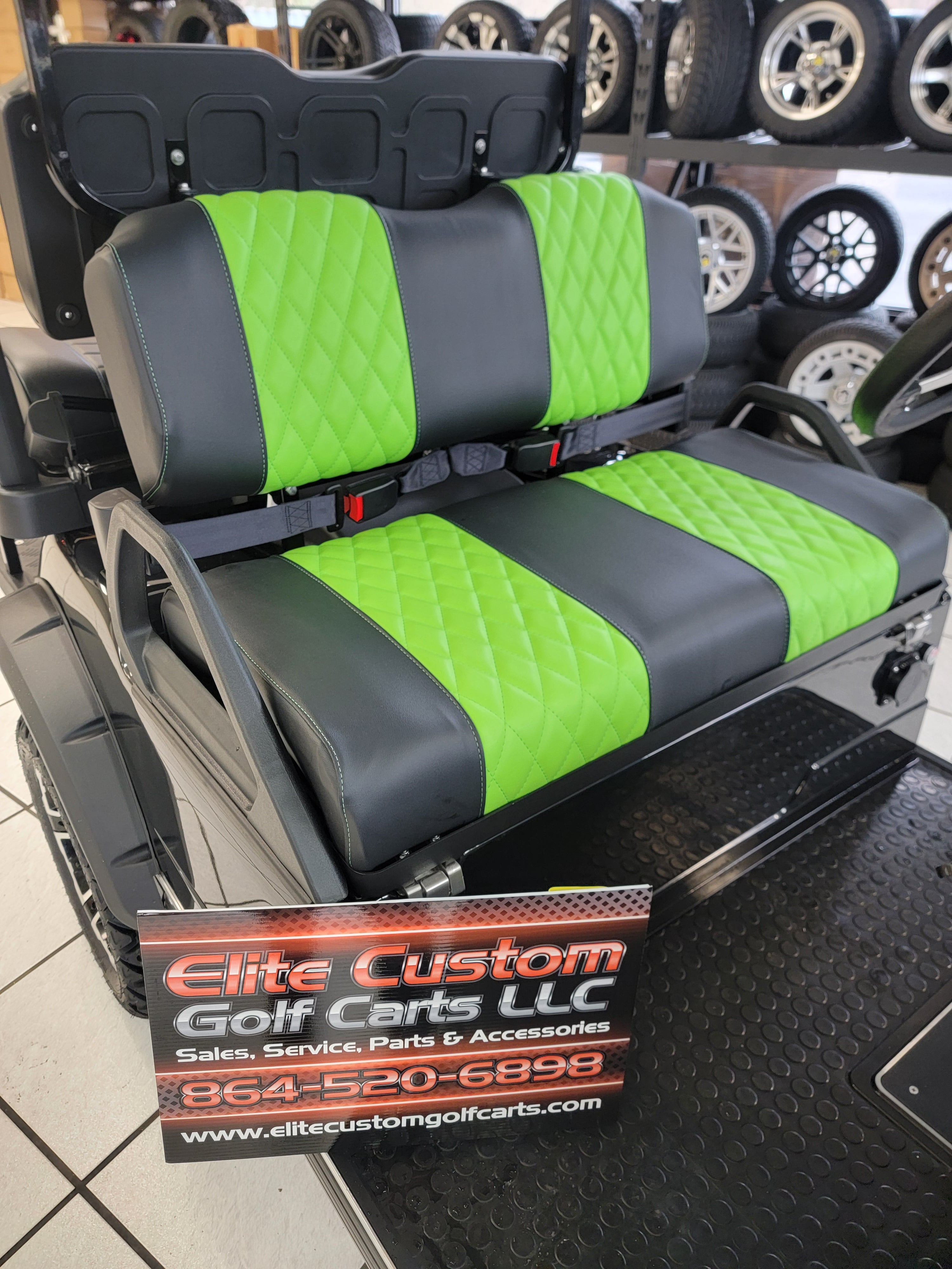 Evolution EV Golf Cart Custom Diamond Stich Seat Covers Black & Neon G