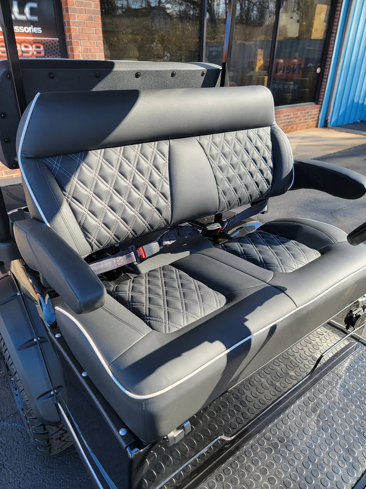 Ezgo Golf Cart Legacy Series Premium Double Diamond Stich Black W/ White Pipe &amp; Stich Seats w/Armrest in Fits Ezgo Golf Carts