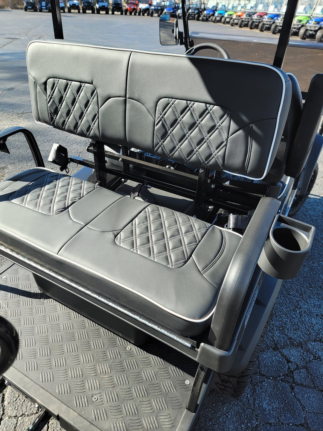 Ezgo Golf Cart Legacy Series Premium Double Diamond Stich Black W/ White Pipe &amp; Stich Seats w/Armrest in Fits Ezgo Golf Carts