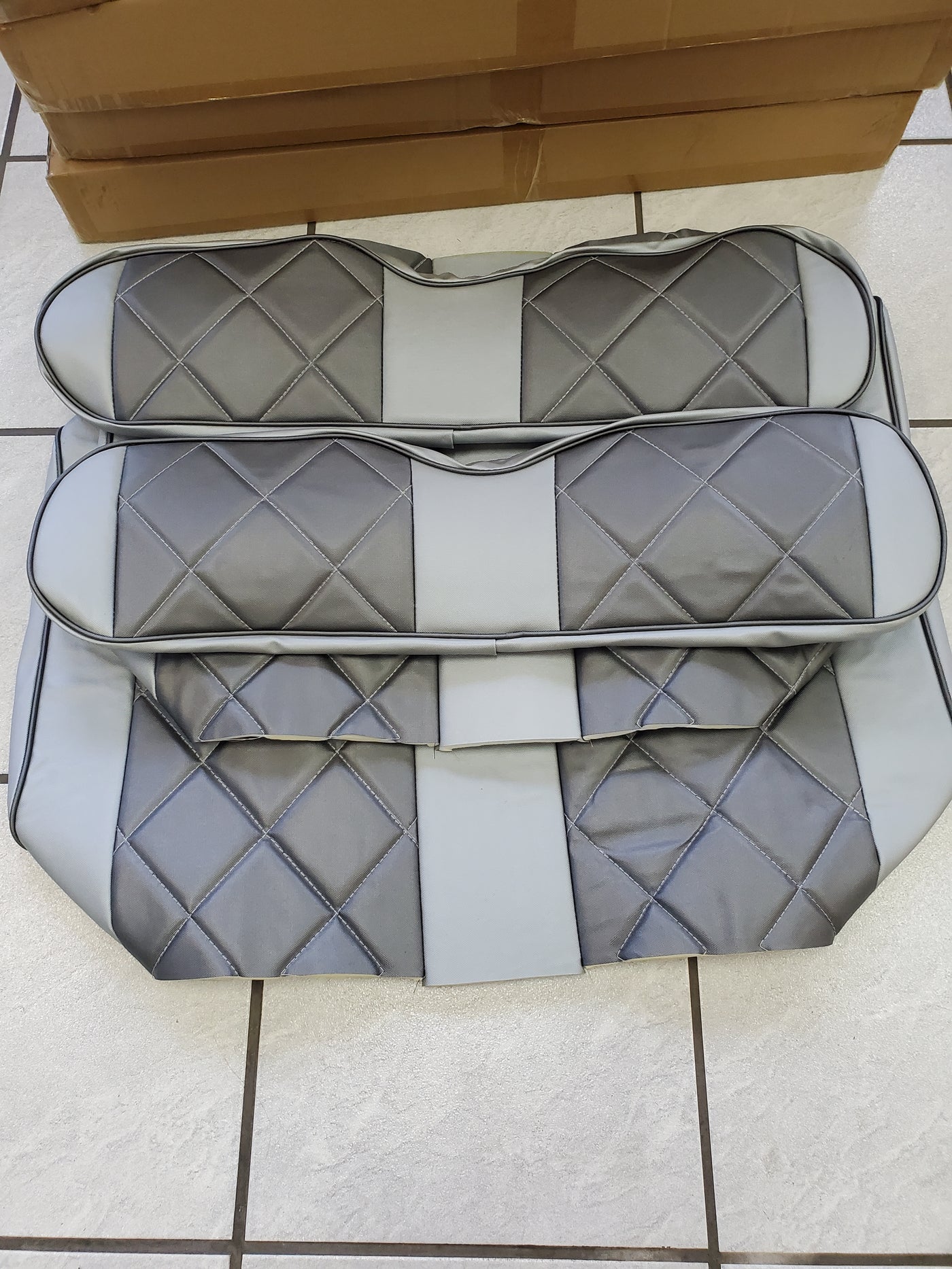 Custom Diamond Stich Charcoal Gray & Silver Ez-Go ( Ezgo ) Txt/Rxv or Club Car DS 2000-2013 Cart Front Rear Seat Covers
