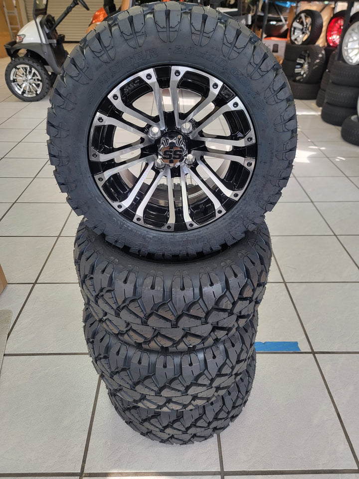 EVOLUTION EV GOLF CART ALL TERRAIN 12" LANCER MACHINED / BLACK WHEELS ON 20" STINGER TIRES (SET OF 4) optional Lugs
