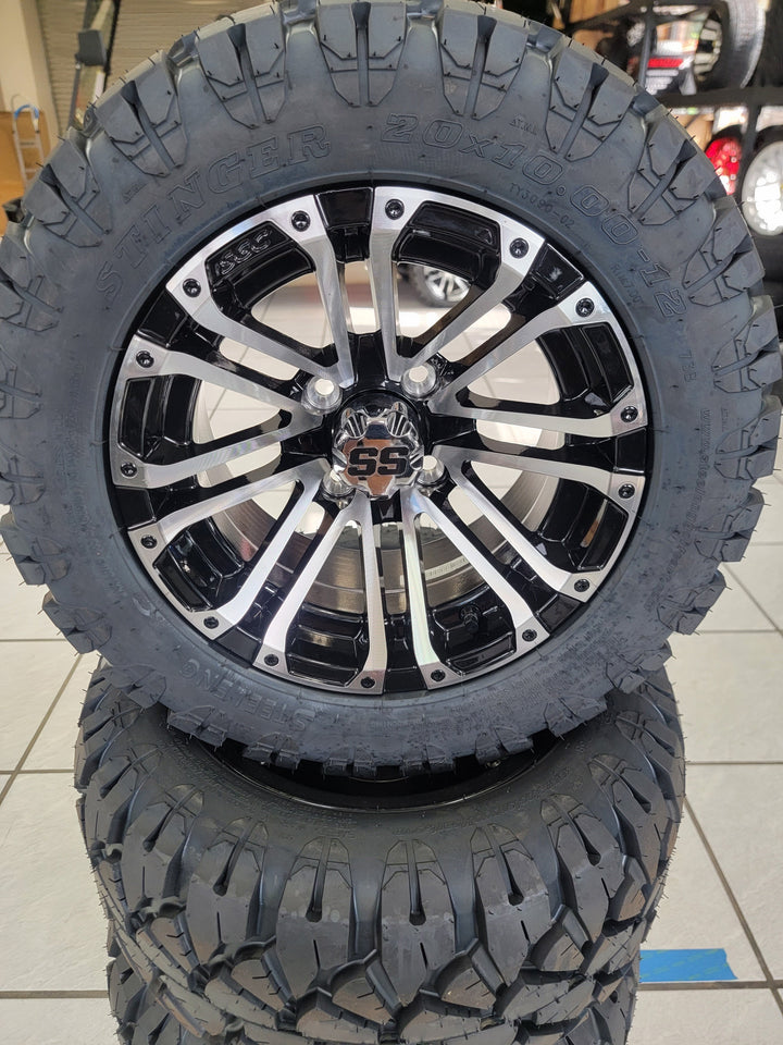 EVOLUTION EV GOLF CART ALL TERRAIN 12" LANCER MACHINED / BLACK WHEELS ON 20" STINGER TIRES (SET OF 4) optional Lugs