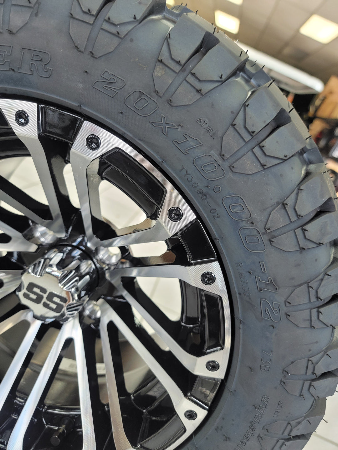 EVOLUTION EV GOLF CART ALL TERRAIN 12" LANCER MACHINED / BLACK WHEELS ON 20" STINGER TIRES (SET OF 4) optional Lugs