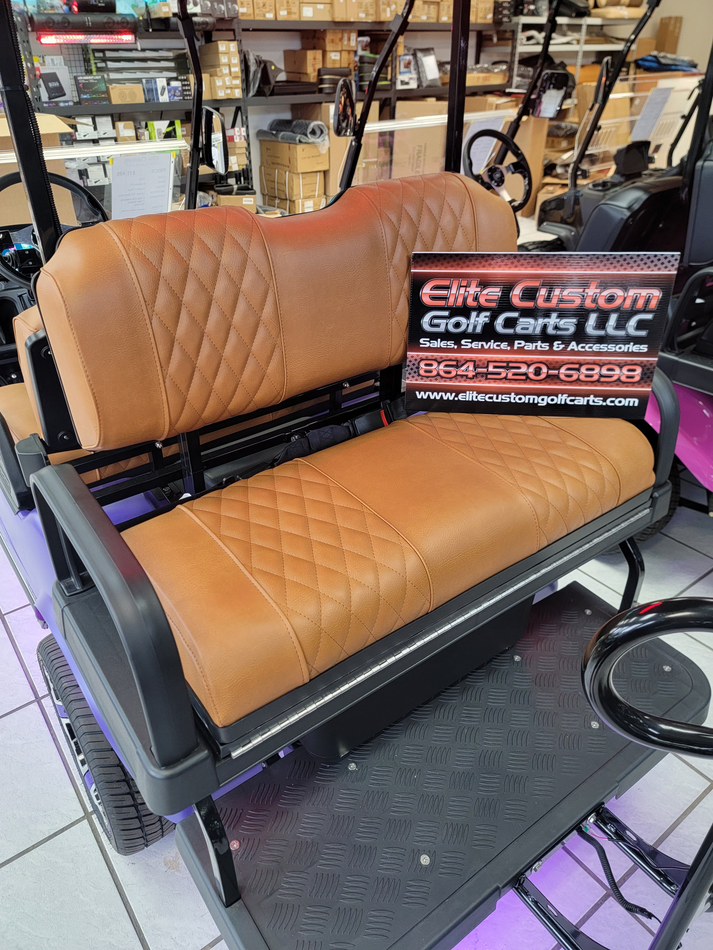 Evolution EV Golf Cart Custom Diamond Stich Seat Covers Peanut Butter Elite Custom Golf Carts LLC