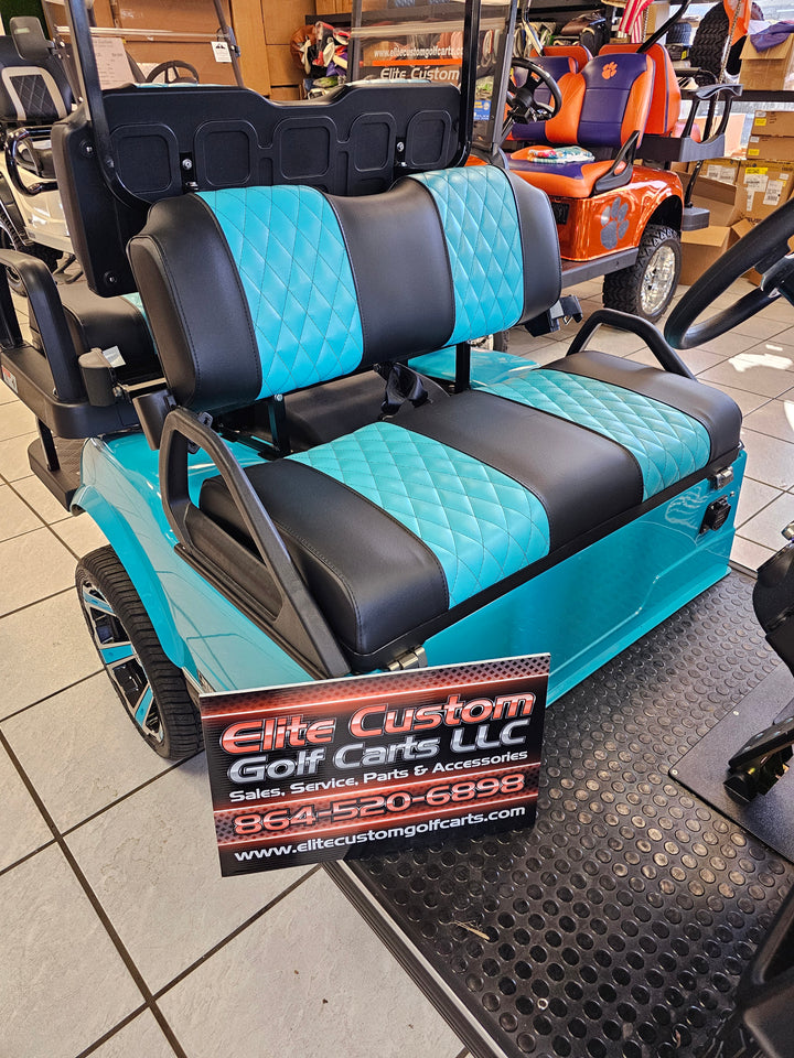 Evolution Golf Cart Custom Diamond Stich Seat Covers Black &amp; Sky Blue Diamond Stich fits Evolutions Classic Pro &amp; Plus and Forester Plus