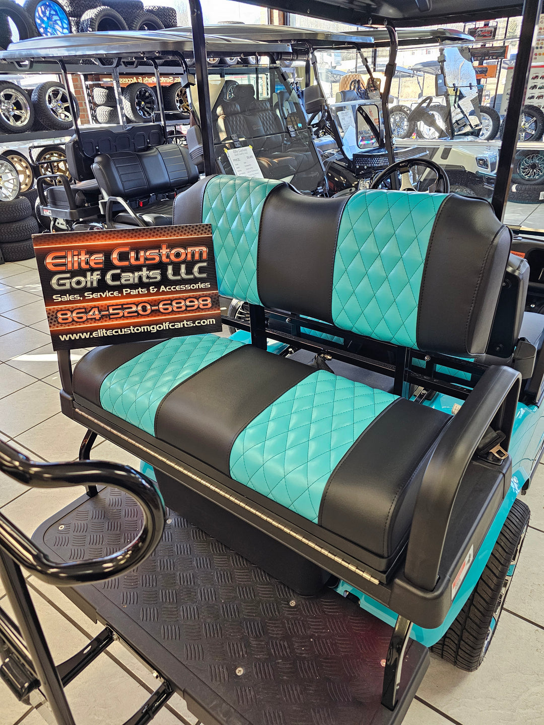 Evolution Golf Cart Custom Diamond Stich Seat Covers Black &amp; Sky Blue Diamond Stich fits Evolutions Classic Pro &amp; Plus and Forester Plus