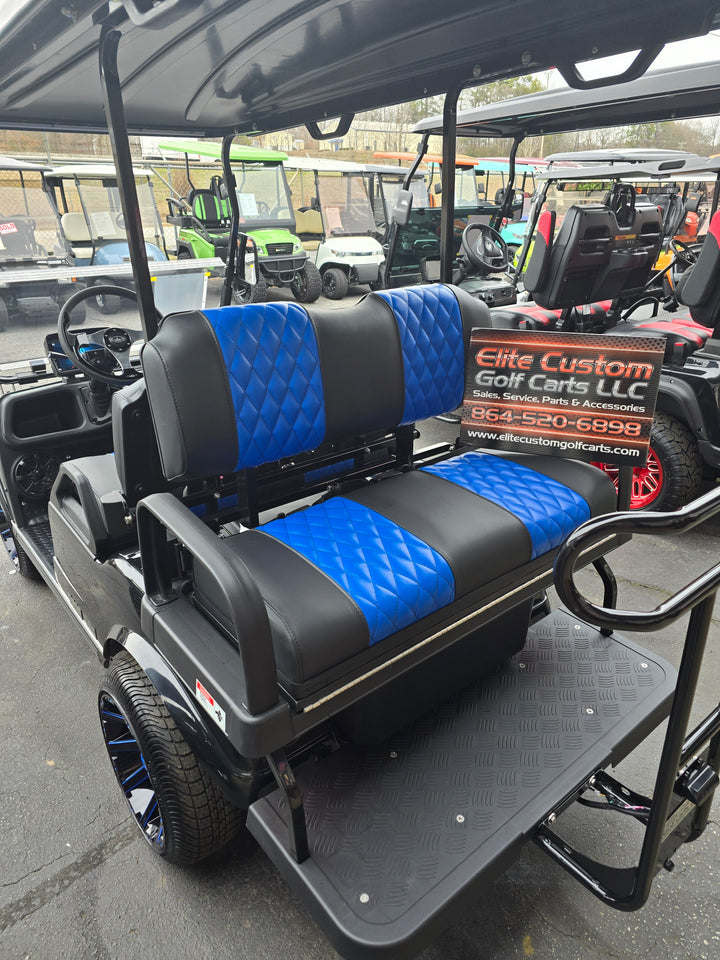 Evolution Golf Cart Custom Diamond Stich Seat Covers Black &amp; Bright Blue Diamond Stich fits Evolutions Classic Pro &amp; Plus and Forester Plus