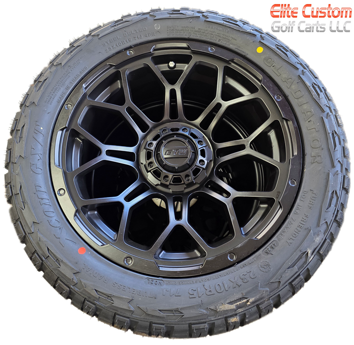 15″ GTW® Bravo Matte Black Wheels Golf Cart Wheels on 15x23" XCOMP G X/T Tires (Set of 4)