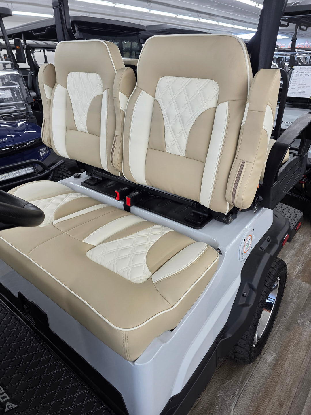 Denago Golf Cart Premium Double Diamond Stich Seats with Flip Down Armrest Beige with Cream Stitching and Piping