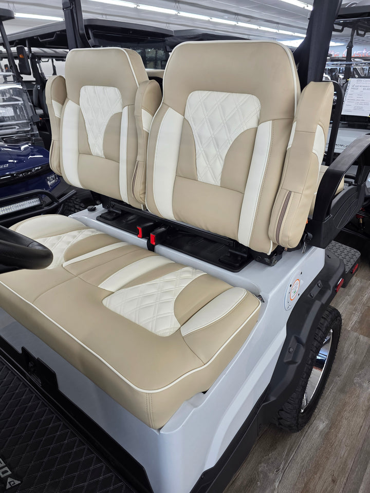 Denago Golf Cart Premium Double Diamond Stich Seats with Flip Down Armrest Beige with Cream Stitching and Piping