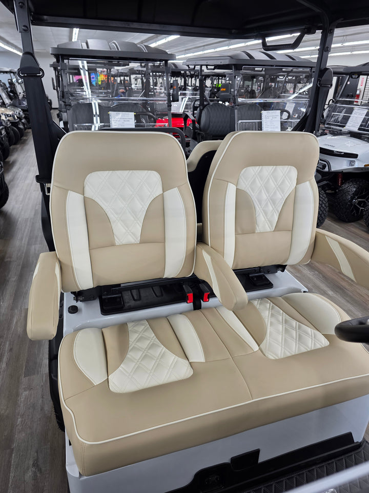 Denago Golf Cart Premium Double Diamond Stich Seats with Flip Down Armrest Beige with Cream Stitching and Piping