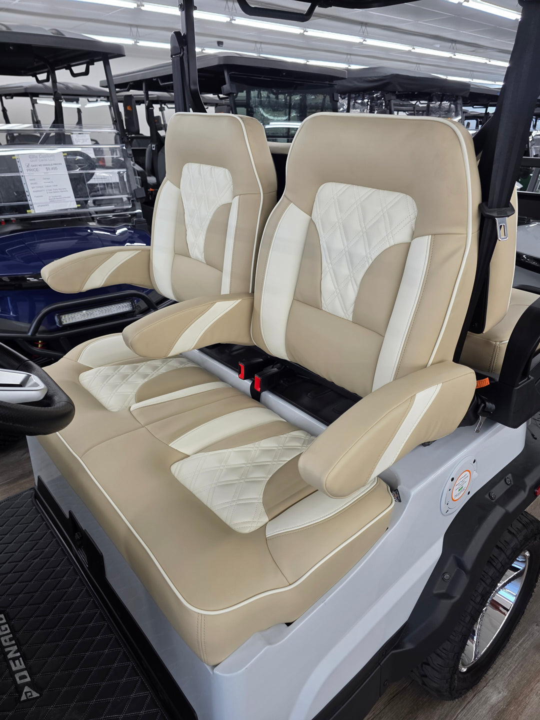 Denago Golf Cart Premium Double Diamond Stich Seats with Flip Down Armrest Beige with Cream Stitching and Piping