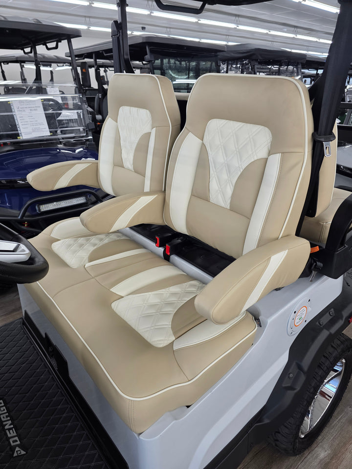 Denago Golf Cart Premium Double Diamond Stich Seats with Flip Down Armrest Beige with Cream Stitching and Piping