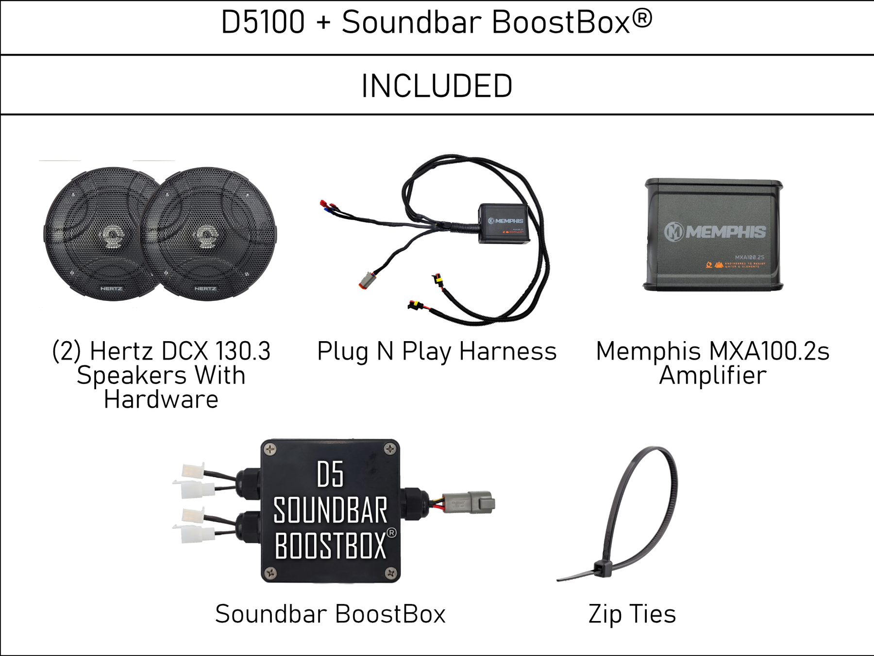 D5 150W Plug N Play 2 Speaker System + Soundbar BoostBox (D5150.2) (Gen 2) D5 150W Plug N Play 2 Speaker System + Soundbar BoostBox (D5150.2) (Gen 2)