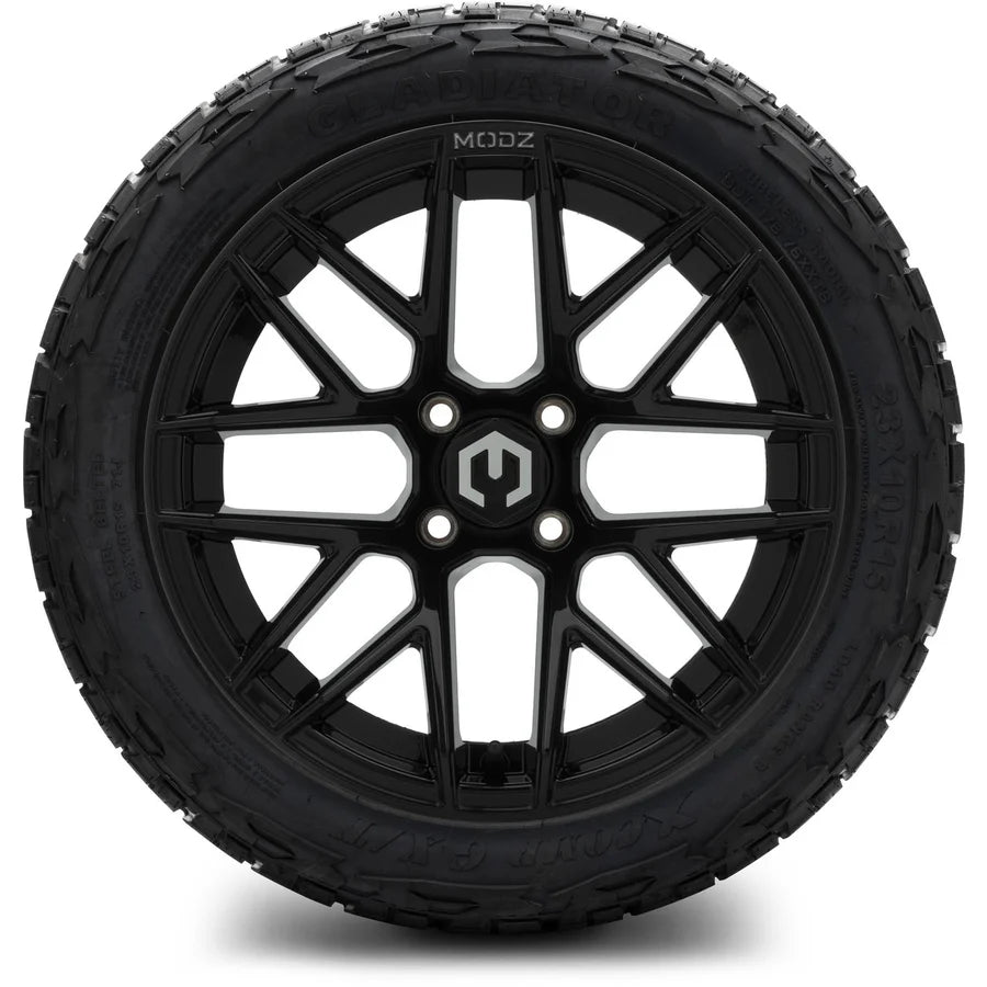 MODZ Matrix Matte Black 15″ Golf Cart Wheels on 15x23" XCOMP Hybrid Tires (Set of 4)