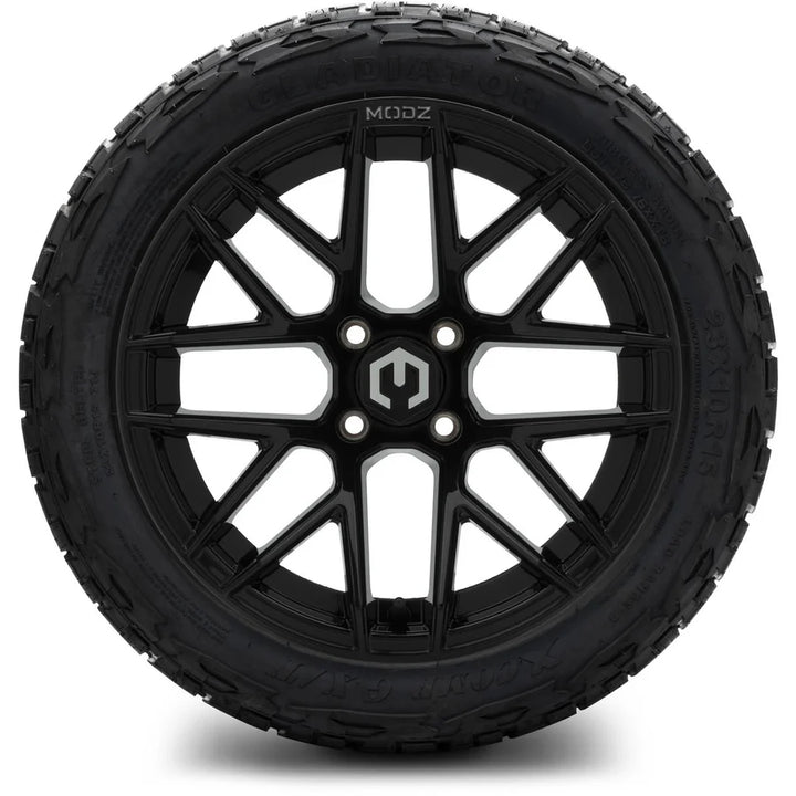 MODZ Matrix Matte Black 15″ Golf Cart Wheels on 15x23" XCOMP Hybrid Tires (Set of 4)