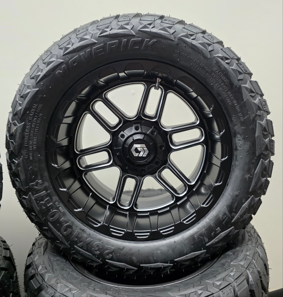 14″ GTW® Titan Black w/Machined Face Golf Cart Wheels on 14x23" Maverick All Terrain Tires (Set of 4)