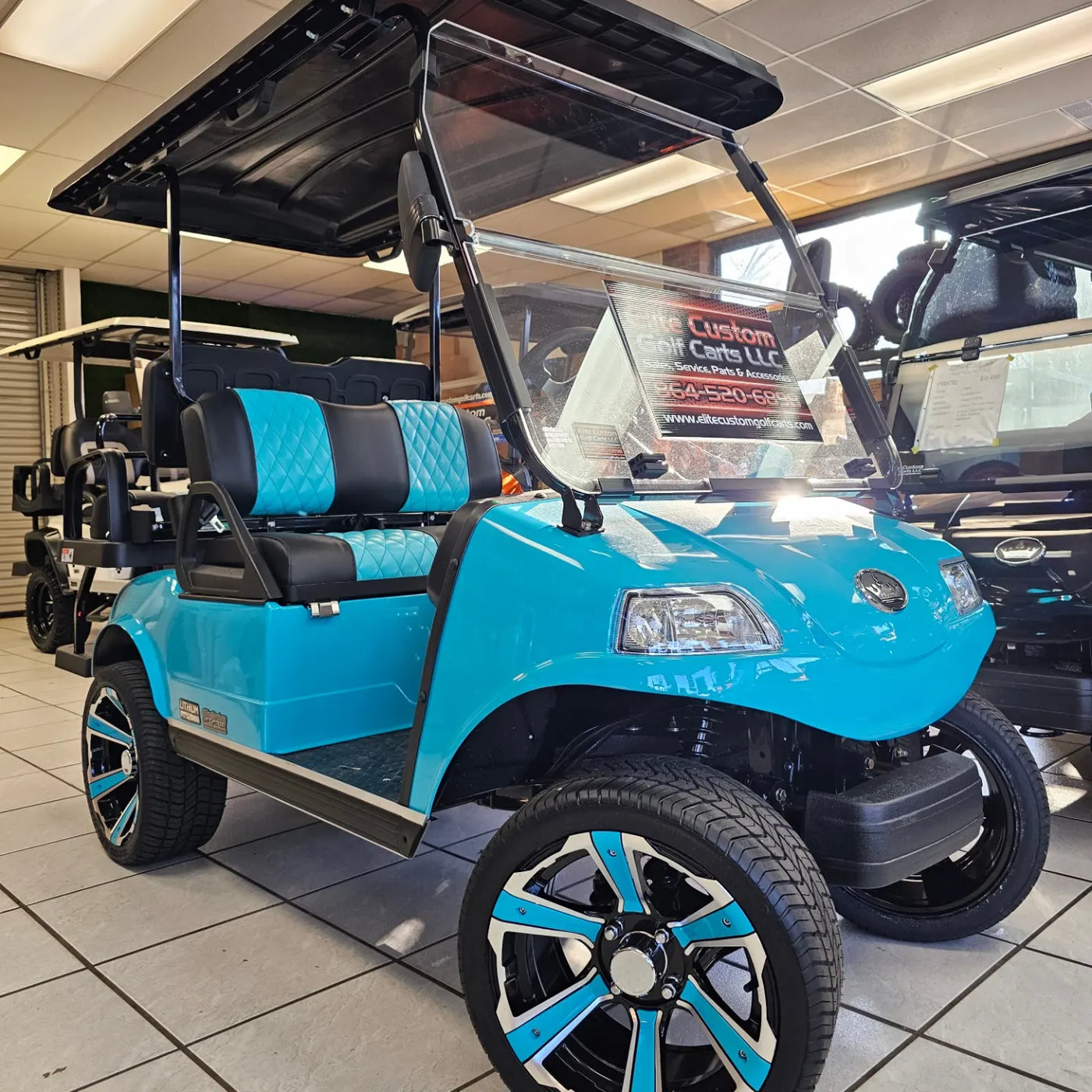 Evolution Golf Cart Custom Diamond Stich Seat Covers Black & Sky Blue Diamond Stich fits Evolutions Classic Pro & Plus and Forester Plus