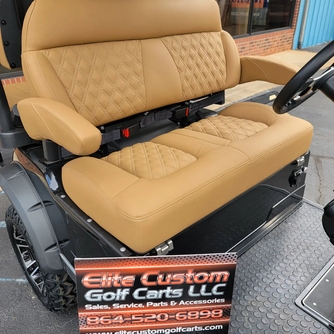 Ezgo Golf Cart Legacy Series Premium Double Diamond Stich Peanut Butter Seats w/Armrest in Fits Ezgo Golf Carts