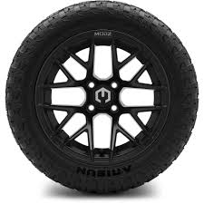 MODZ Matrix Matte Black 14″ Golf Cart Wheels on 14x23" Arisun X-Armory Hybrid Tires (Set of 4)