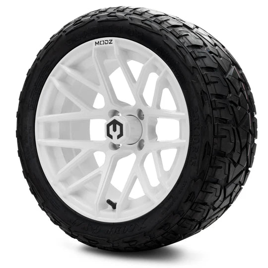 MODZ Matrix White 15″ Golf Cart Wheels on 15x23" X-ARMORY Hybrid Tires (Set of 4)