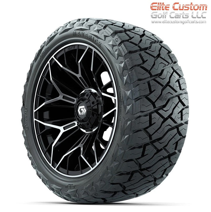 15″ GTW® Stellar Machined and Black Wheels Golf Cart Wheels on 15x23" Maverick All Terrain Tires (Set of 4) optional Lugs