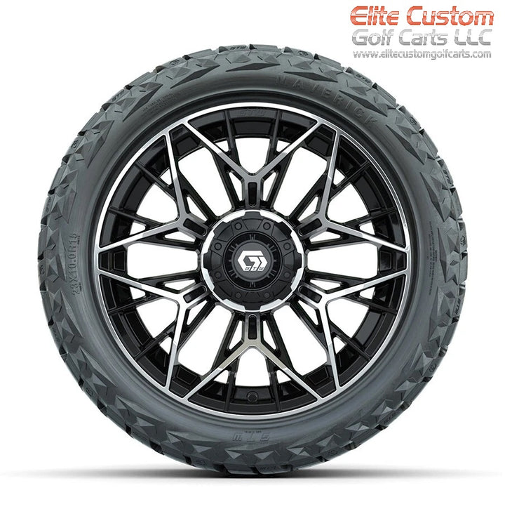 15″ GTW® Stellar Machined and Black Wheels Golf Cart Wheels on 15x23" Maverick All Terrain Tires (Set of 4) optional Lugs