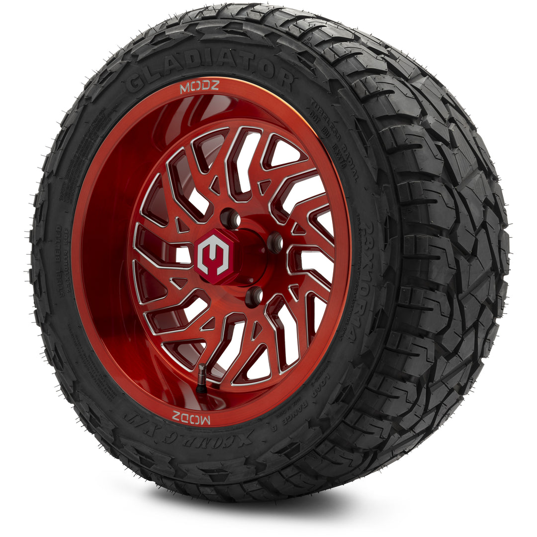 14″ MODZ Brushed Red Ball Mill Carnage Golf Cart Wheels on 14x23" XCOMP All Terrain Tires (Set of 4)