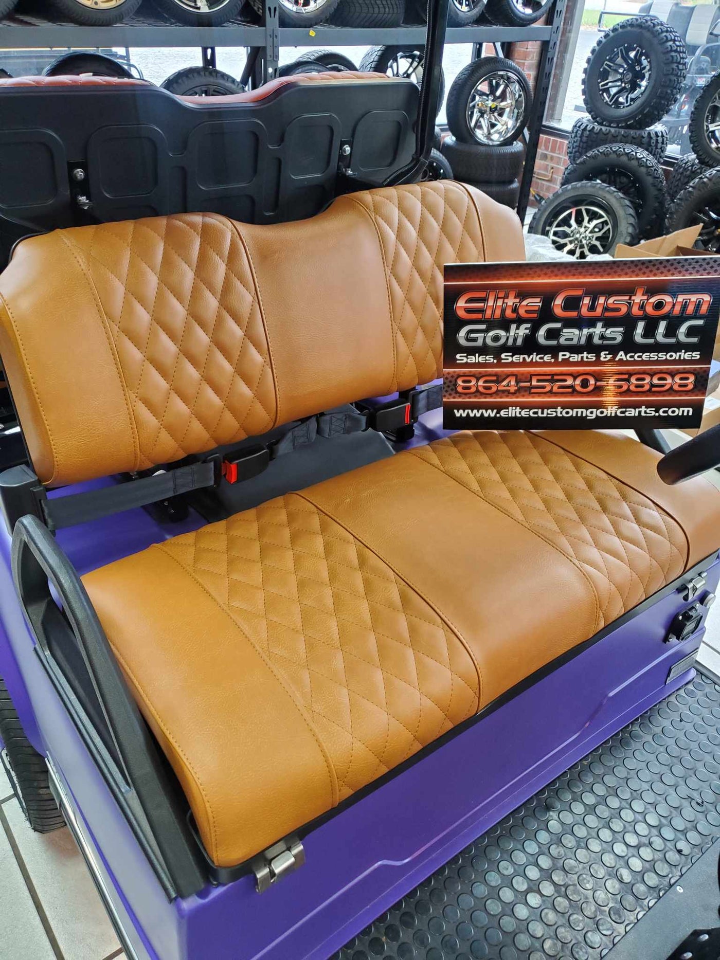 Evolution EV Golf Cart Custom Diamond Stich Seat Covers Peanut Butter Brown Diamond Stich fits Evolutions Classic Pro & Plus, Carrier & Forester Models