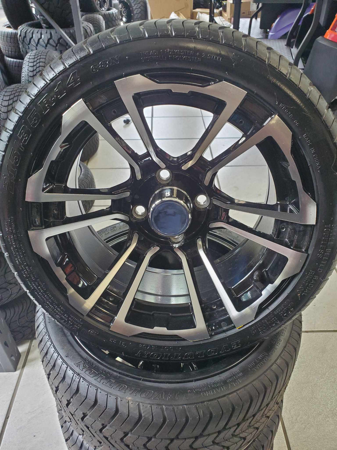EVOLUTION GOLF CART WHEELS ON 215/35-14 DOT LOW PROFILE TIRE (4-PLY)