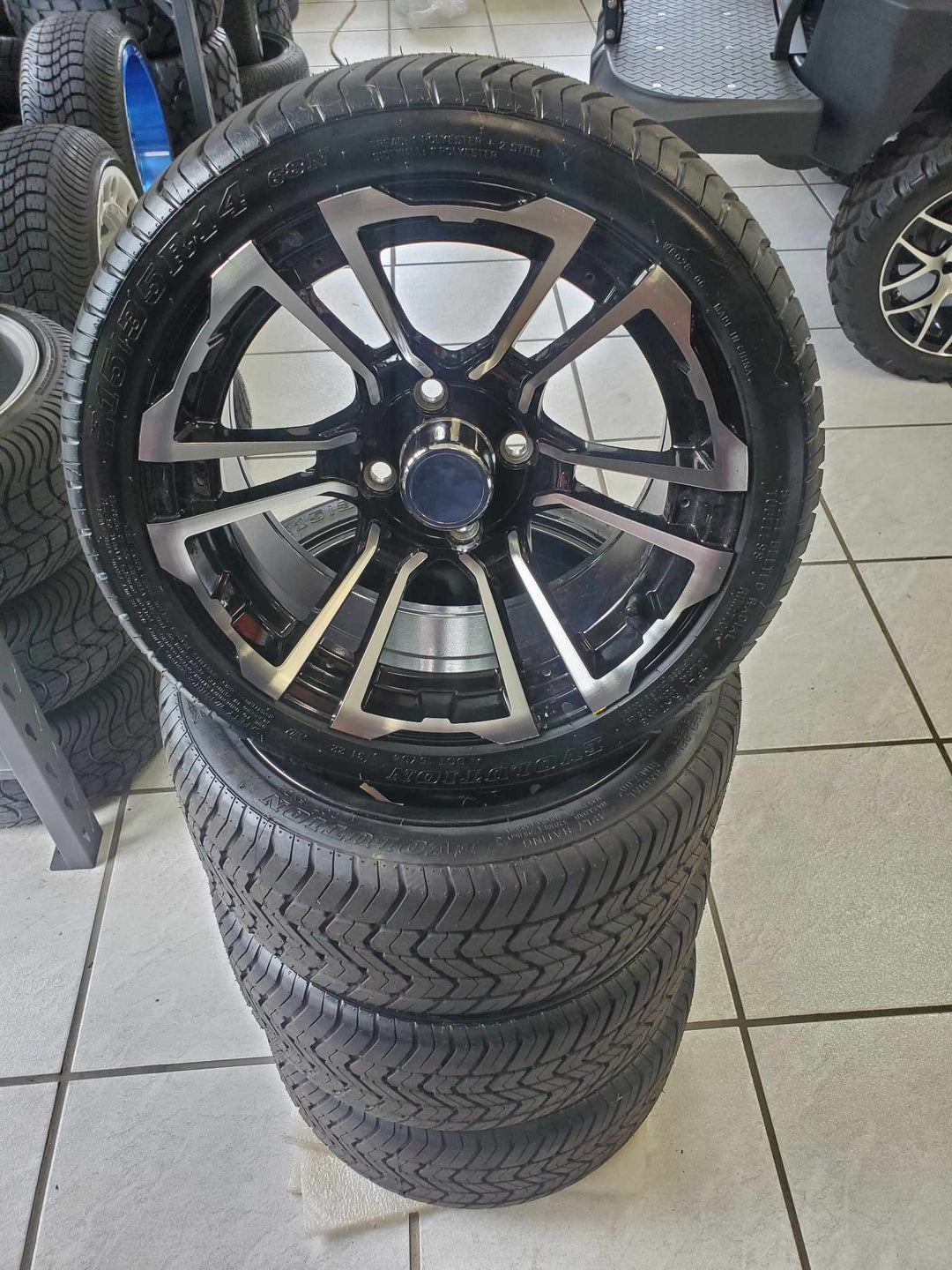 EVOLUTION GOLF CART WHEELS ON 215/35-14 DOT LOW PROFILE TIRE (4-PLY)