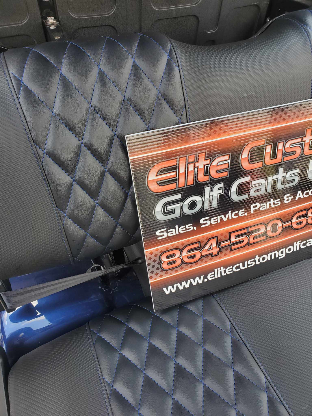 Evolution EV Golf Cart Custom Diamond Stich Seat Covers Black Diamond with Blue Stich fits Evolutions Classic Pro &amp; Plus, Forester Plus &amp; Carrier Models