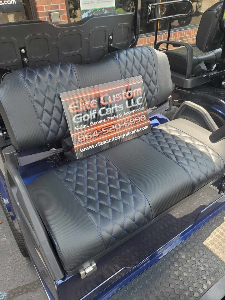 Evolution EV Golf Cart Custom Diamond Stich Seat Covers Black Diamond with Blue Stich fits Evolutions Classic Pro &amp; Plus, Forester Plus &amp; Carrier Models