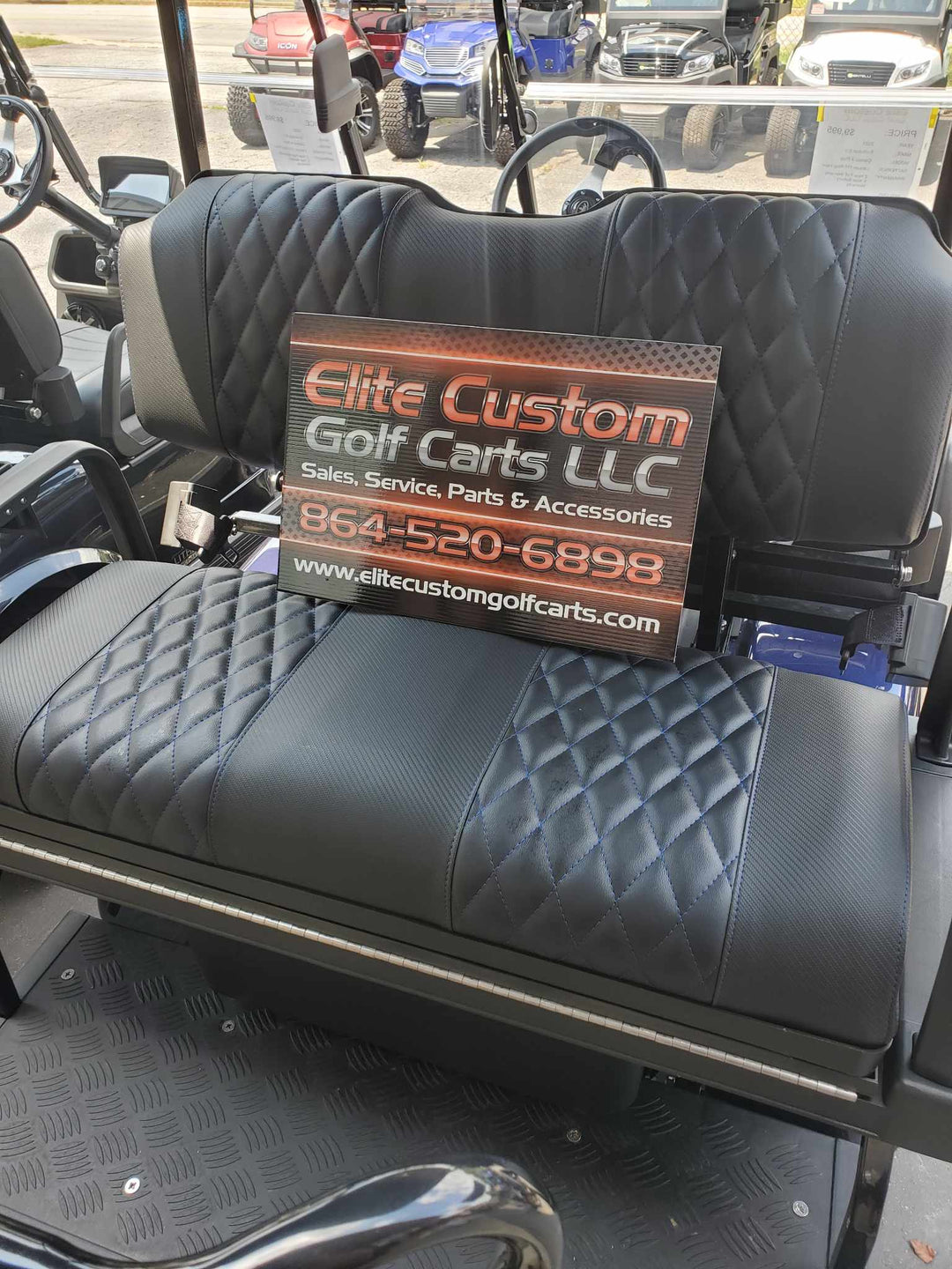 Evolution EV Golf Cart Custom Diamond Stich Seat Covers Black Diamond with Blue Stich fits Evolutions Classic Pro &amp; Plus, Forester Plus &amp; Carrier Models