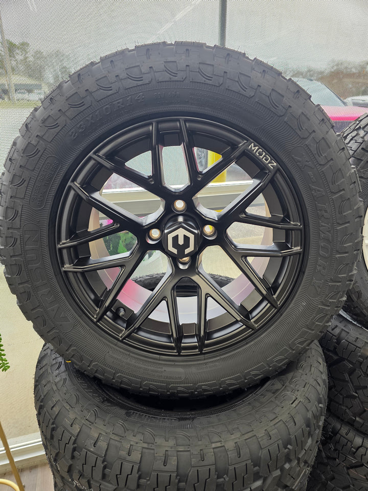 MODZ Matrix Matte Black 14″ Golf Cart Wheels on 14x23" Arisun X-Armory Hybrid Tires (Set of 4)