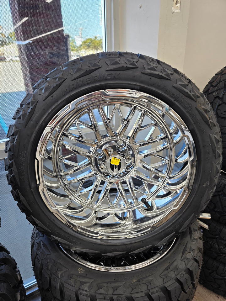 15″ Empire Keng Chrome Wheels Golf Cart Wheels on 15x23" GTW Maverick Hybrid Tires (Set of 4)