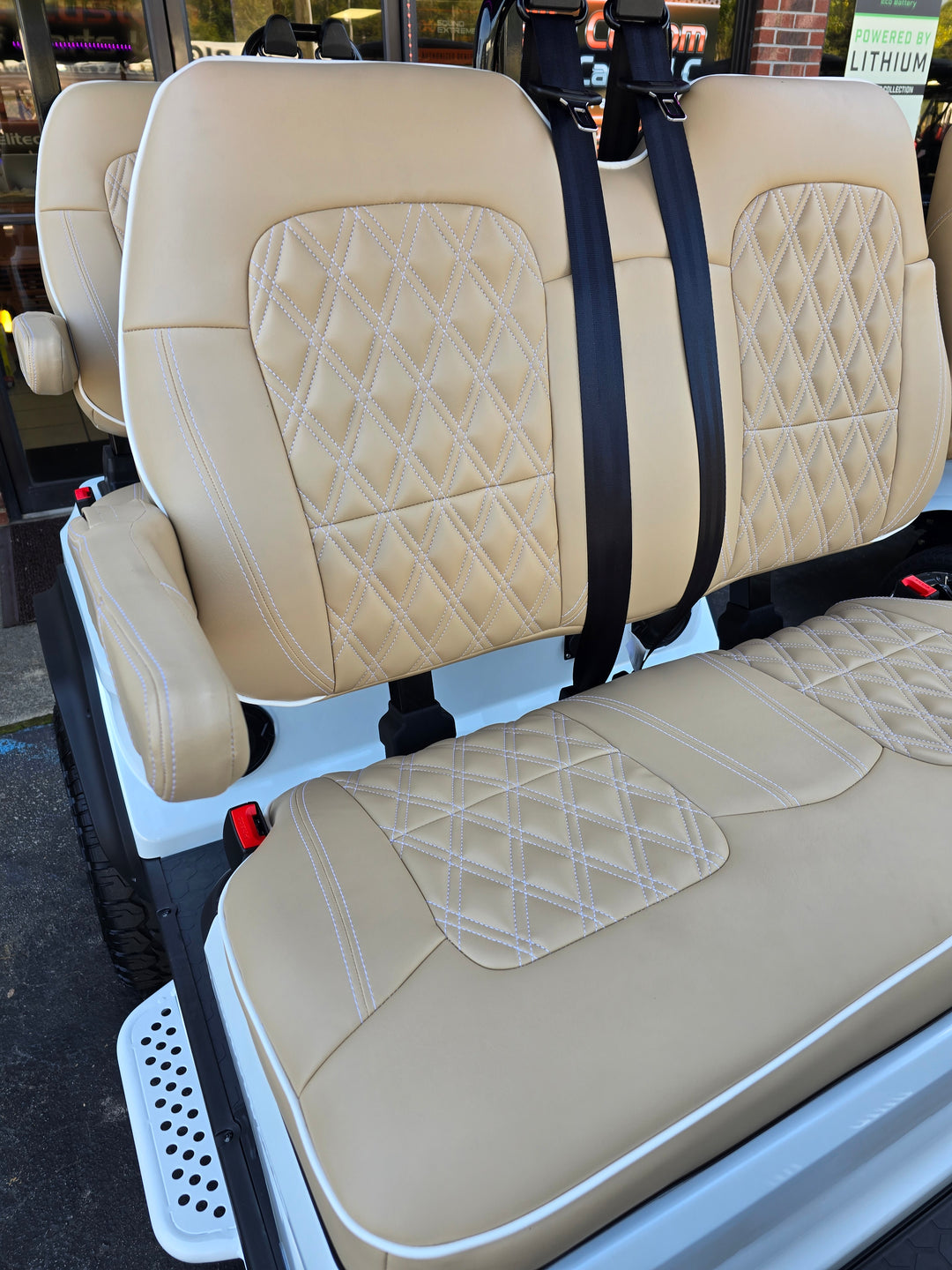 Evolution D5 Golf Cart Custom Double Diamond Stich Seat Covers Beige &amp; White Pipe