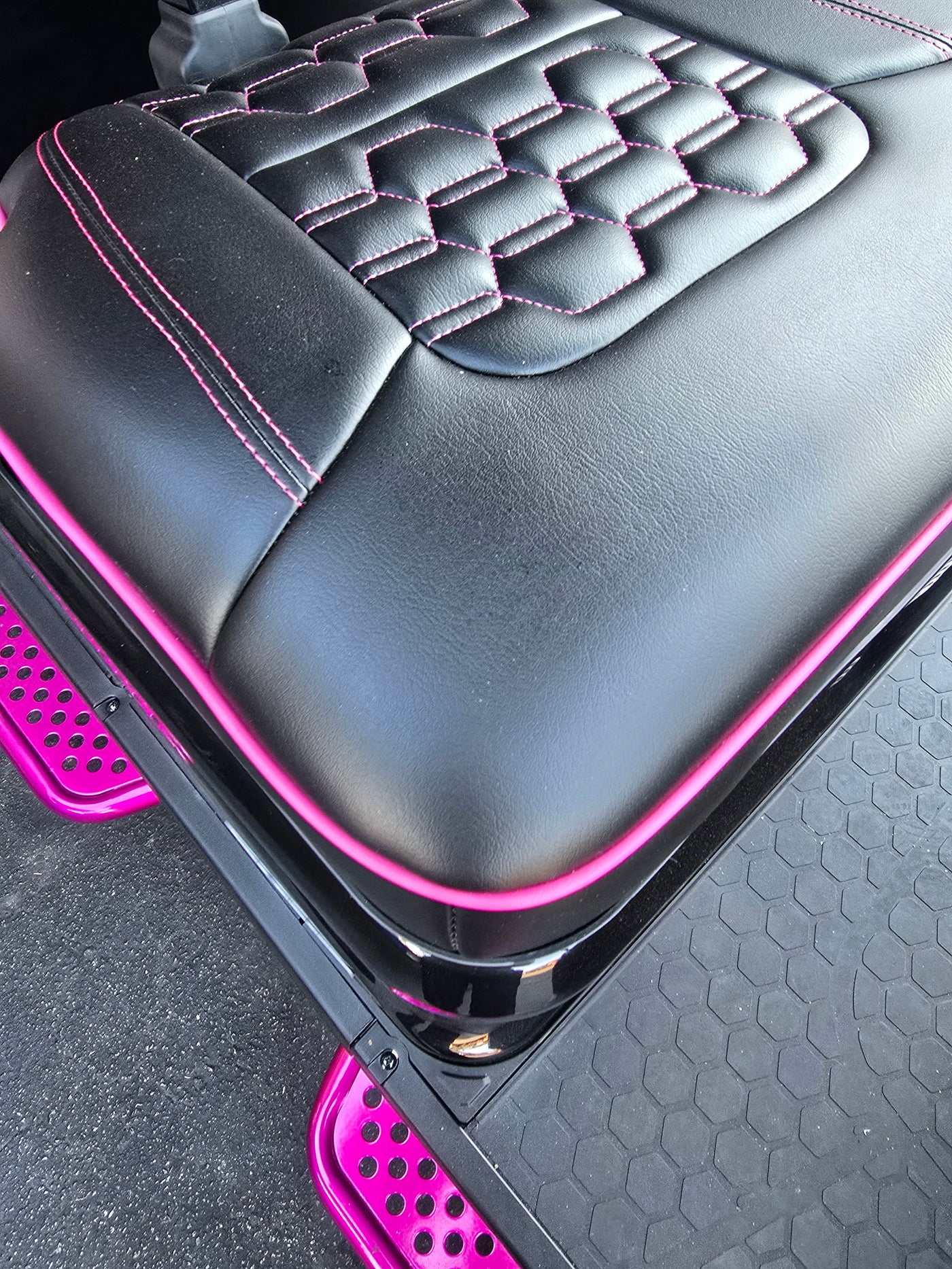 Evolution D5 Golf Cart Custom Hex Stich Seat Covers Black & Hot Pink Stich