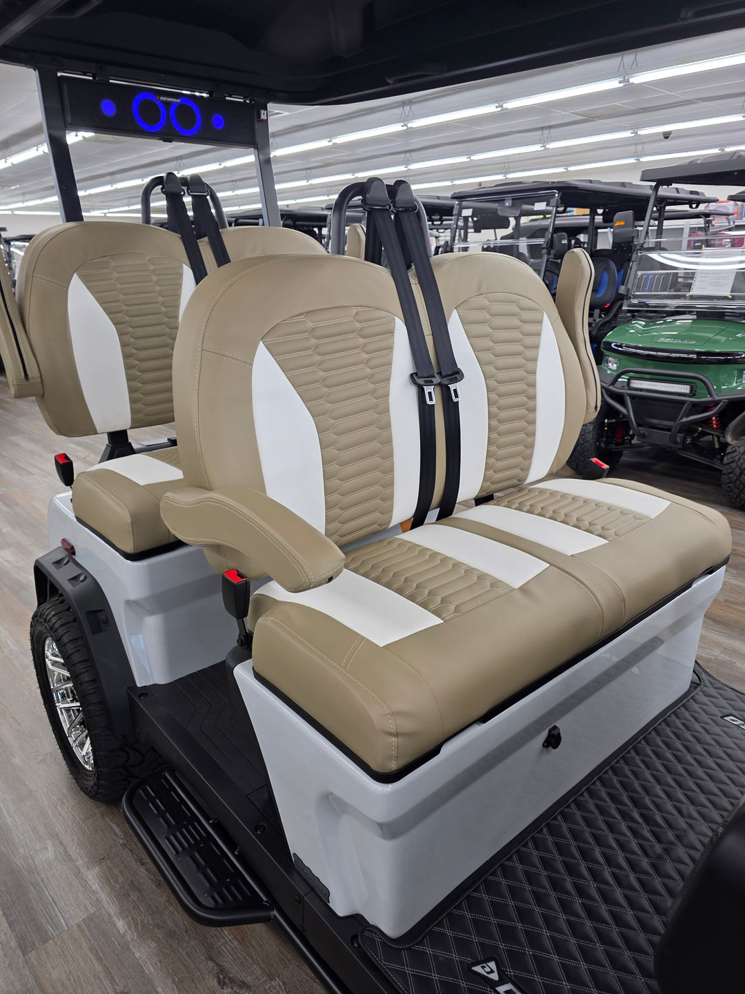 Denago Rover XL &amp; Rover XXL Golf Cart Custom Seat Covers Beige and White