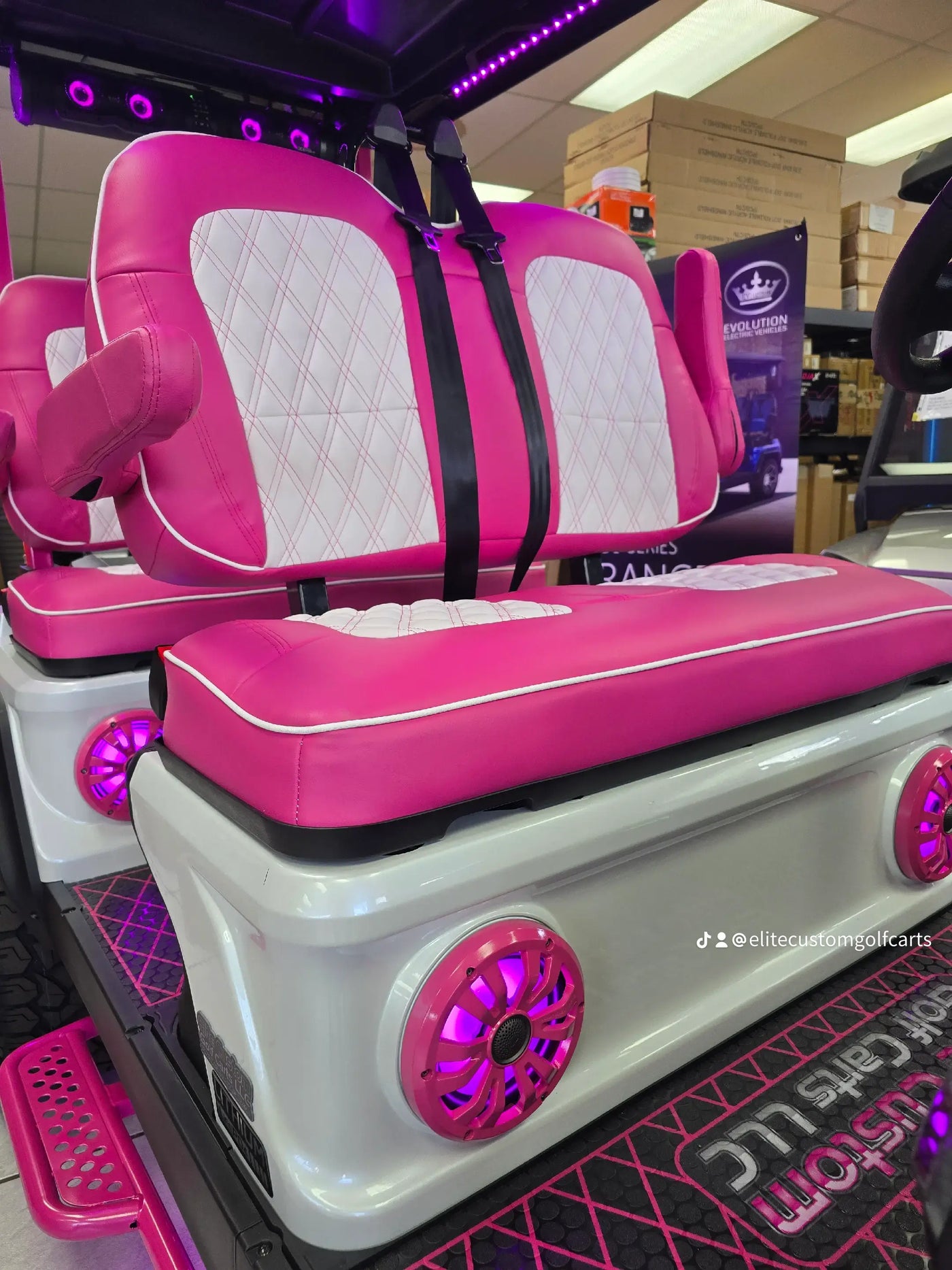 Evolution D5 Golf Cart Custom Diamond Stich Seat Covers White & Hot Pink