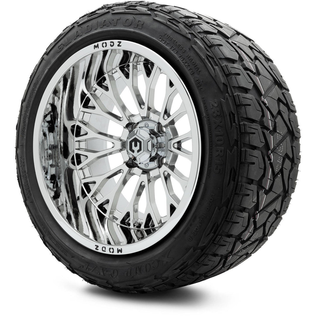 MODZ Matrix Convict Chrome 15″x10" Golf Cart Wheels on 14x23" XCOMP Gladiator Tires (Set of 4)
