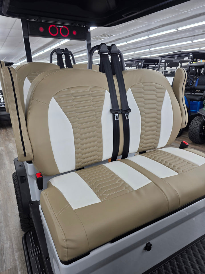 Denago Rover XL &amp; Rover XXL Golf Cart Custom Seat Covers Beige and White