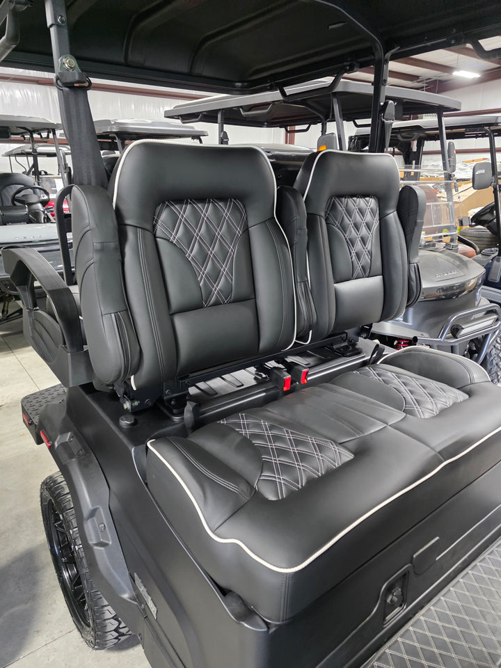 Denago Golf Cart Premium Double Diamond Stich Seats with Flip Down Armrest Black with White Stiching and Piping