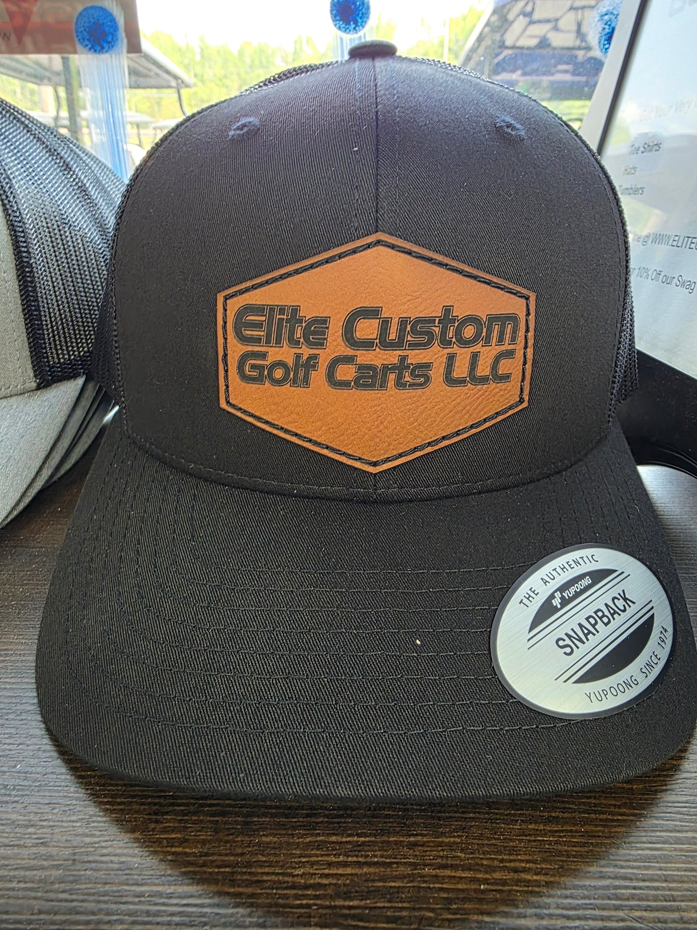 Elite Custom Golf Cart Trucker Hat Black Leather Patch