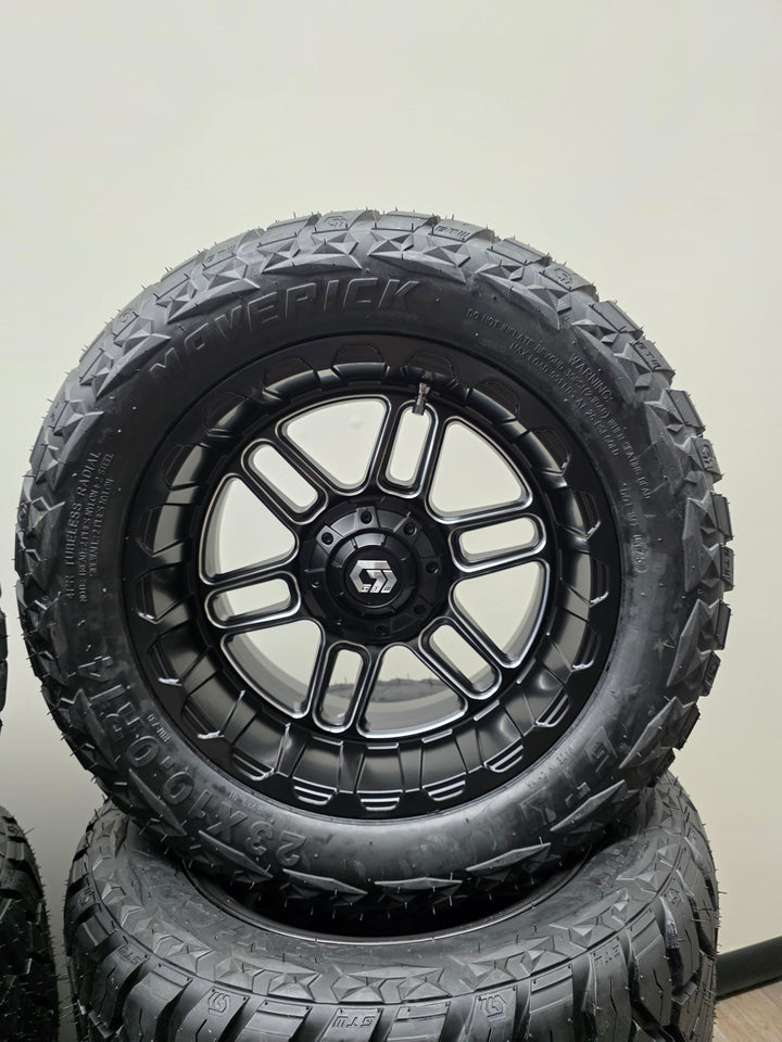 14″ GTW® Titan Black w/Machined Face Golf Cart Wheels on 14x23" Maverick All Terrain Tires (Set of 4)