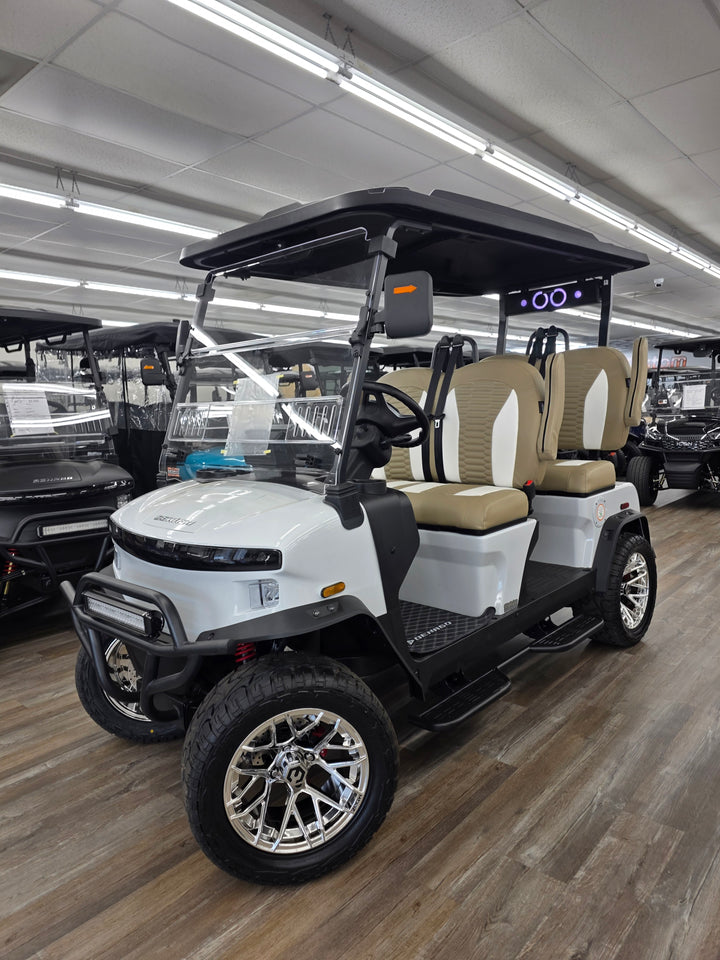 Denago Rover XL &amp; Rover XXL Golf Cart Custom Seat Covers Beige and White