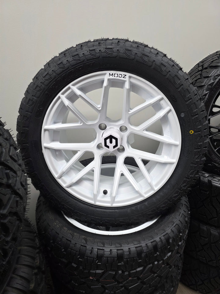 MODZ Matrix White 15″ Golf Cart Wheels on 15x23" X-ARMORY Hybrid Tires (Set of 4)