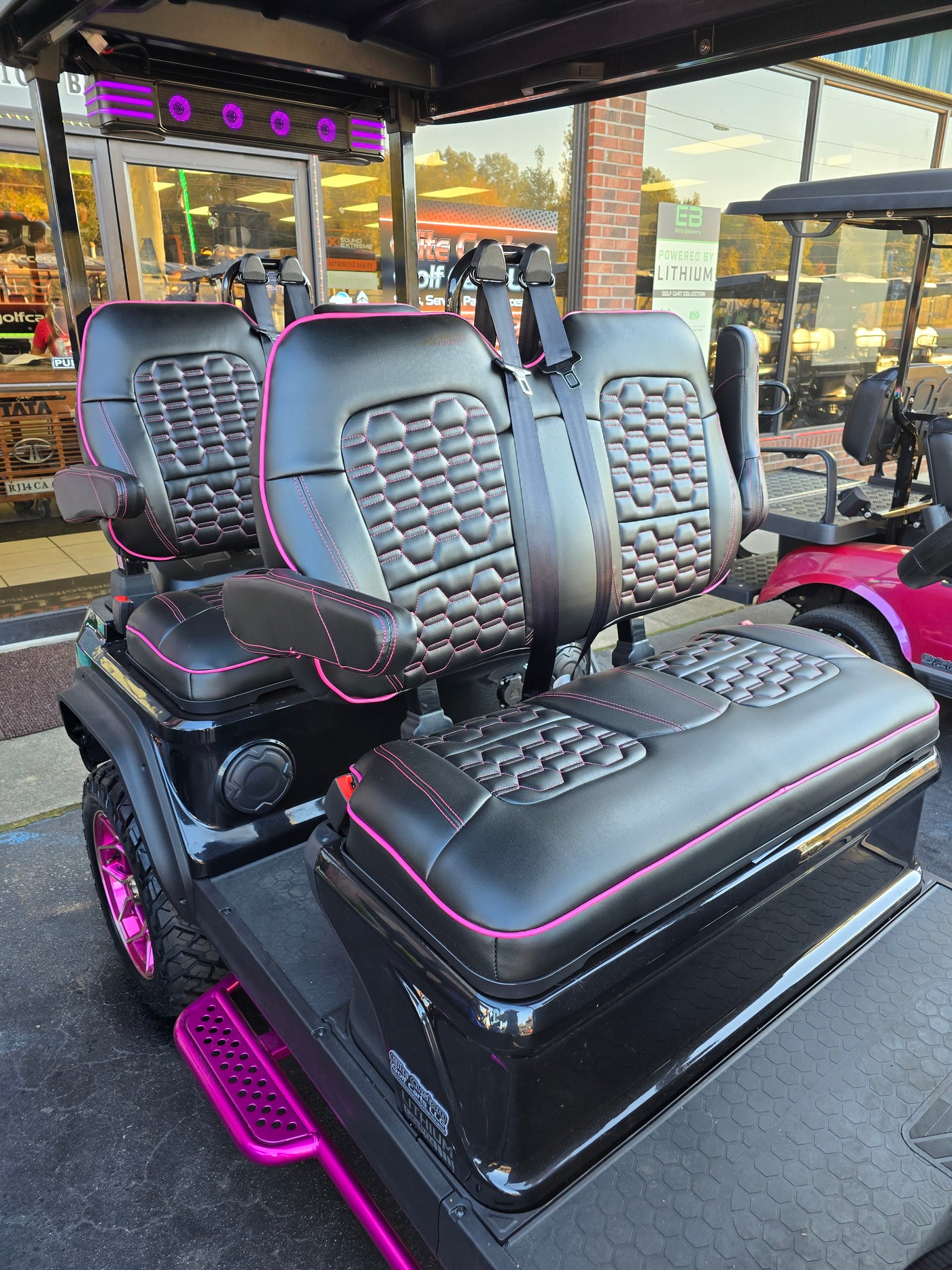 Evolution D5 Golf Cart Custom Hex Stich Seat Covers Black & Hot Pink Stich