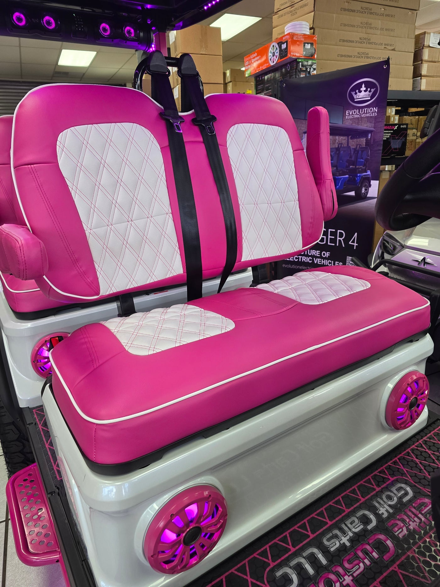 Evolution D5 Golf Cart Custom Diamond Stich Seat Covers White & Hot Pink