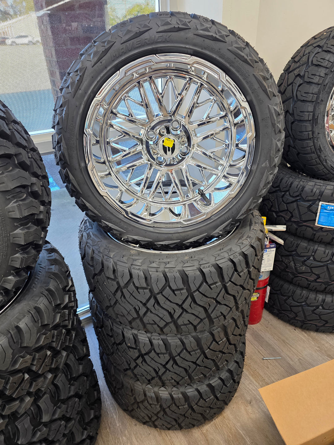 15″ Empire Keng Chrome Wheels Golf Cart Wheels on 15x23" GTW Maverick Hybrid Tires (Set of 4)